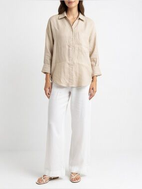 Zara Beige Linen Long Sleeve Button-Down Shirt